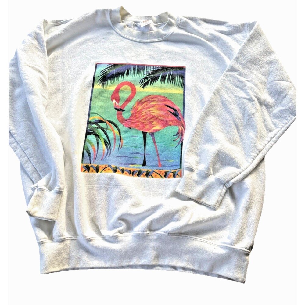 Vintage 80s Flamingo Sweatshirt Womens M Tropical Beach Graphic Retro Pullover